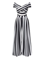 Off-Shoulder Jumpsuit Black White Striped Wide-Leg Women's – Party, Holiday, Casual Retro Outfit