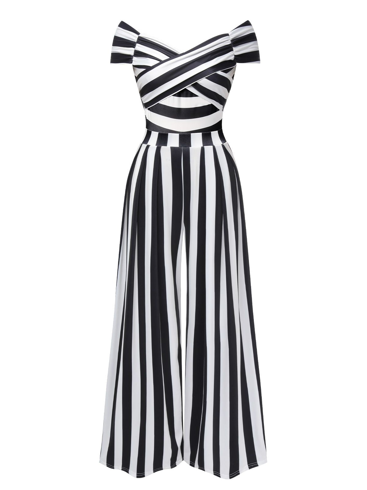 Off-Shoulder Jumpsuit Black White Striped Wide-Leg Women's – Party, Holiday, Casual Retro Outfit