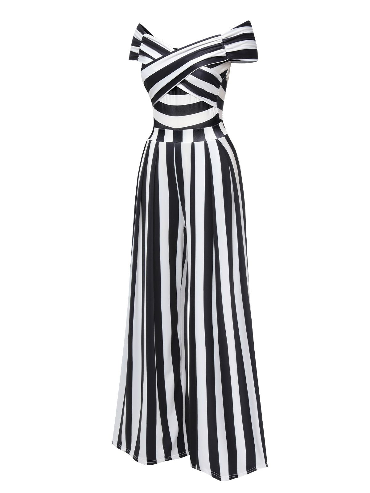 Off-Shoulder Jumpsuit Black White Striped Wide-Leg Women's – Party, Holiday, Casual Retro Outfit