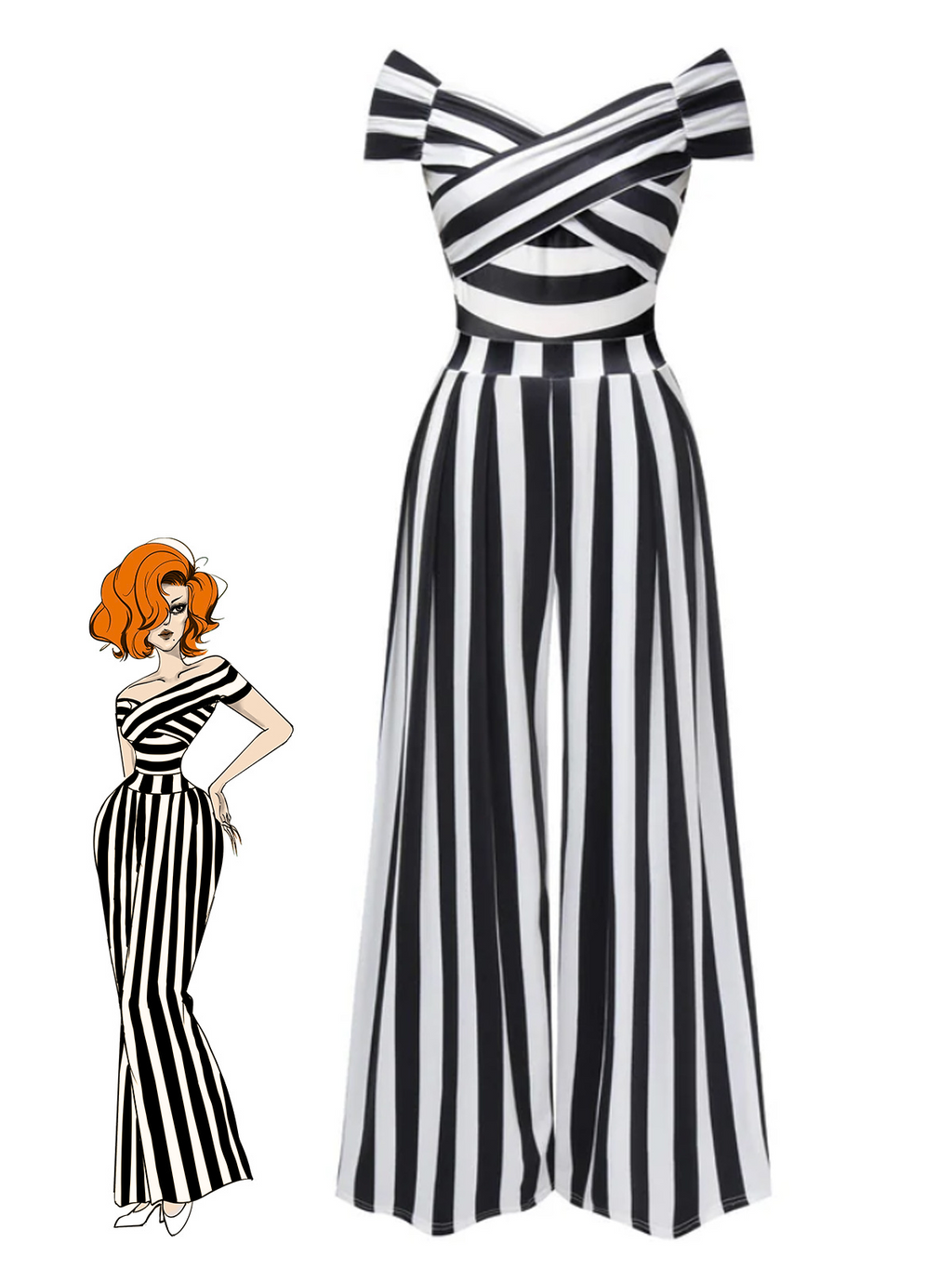 Off-Shoulder Jumpsuit Black White Striped Wide-Leg Women's – Party, Holiday, Casual Retro Outfit