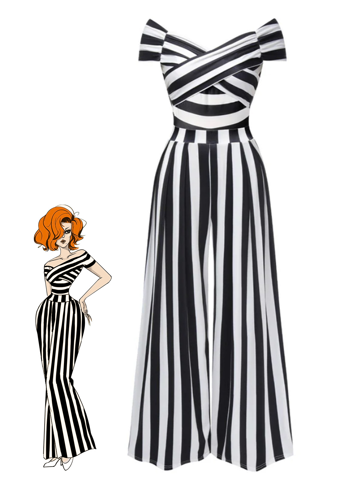 Off-Shoulder Jumpsuit Black White Striped Wide-Leg Women's – Party, Holiday, Casual Retro Outfit