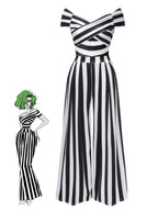 Off-Shoulder Jumpsuit Black White Striped Wide-Leg Women's – Party, Holiday, Casual Retro Outfit
