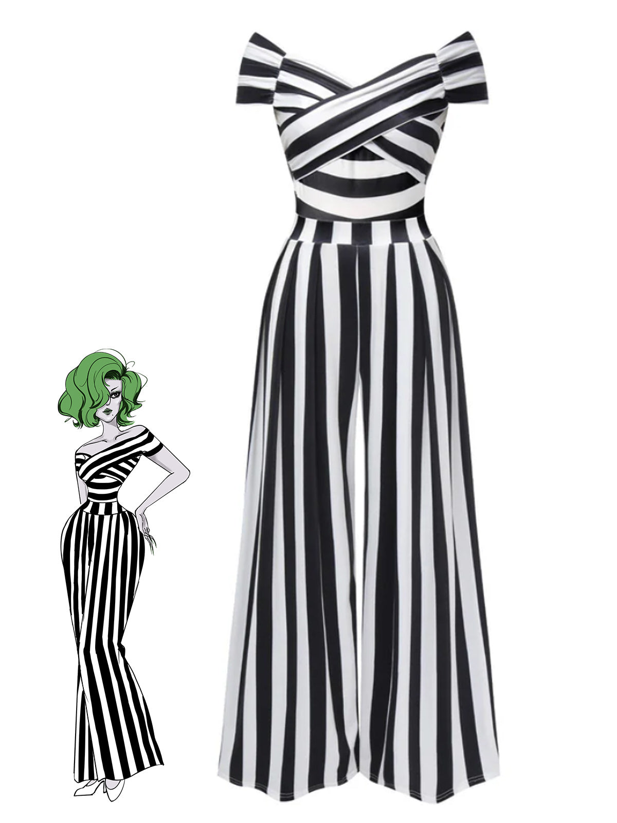 Off-Shoulder Jumpsuit Black White Striped Wide-Leg Women's – Party, Holiday, Casual Retro Outfit