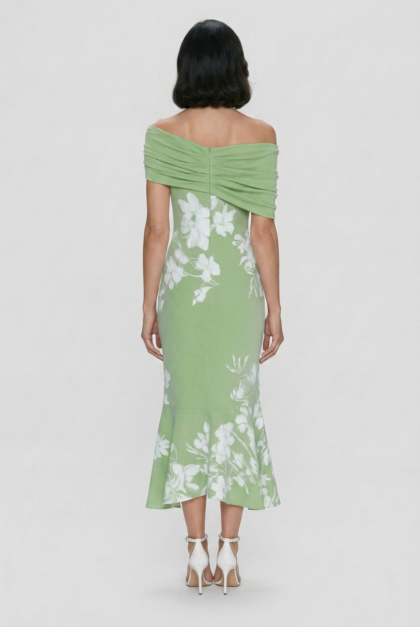 Off-Shoulder Midi Dress Green White Floral Women's – Wedding Guest, Cocktail, Occasion, Party