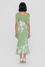 Off-Shoulder Midi Dress Green White Floral Women's – Wedding Guest, Cocktail, Occasion, Party