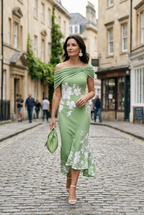 Off-Shoulder Midi Dress Green White Floral Women's – Wedding Guest, Cocktail, Occasion, Party