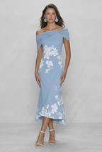 Off-Shoulder Midi Dress Green White Floral Women's – Wedding Guest, Cocktail, Occasion, Party