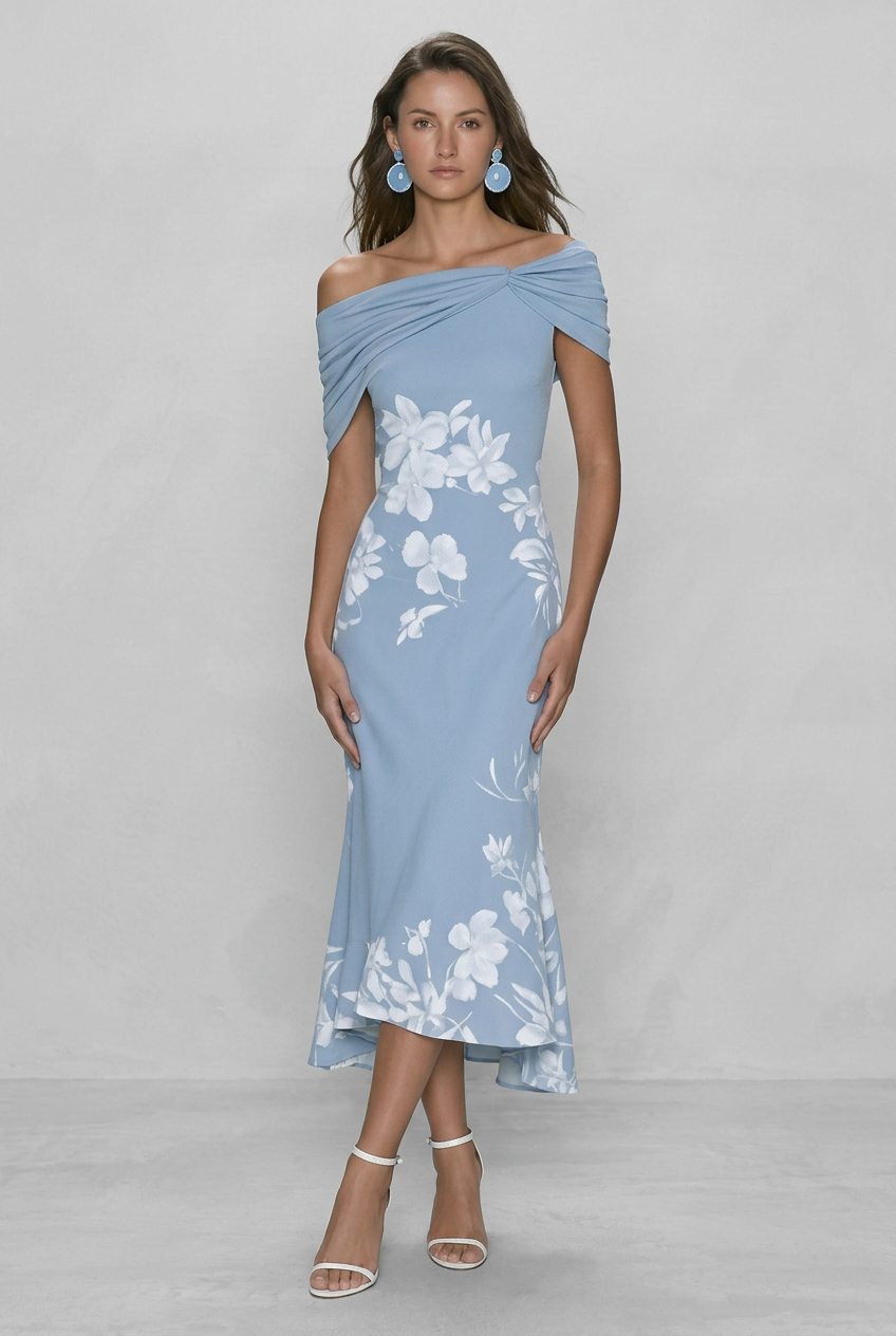 Off-Shoulder Midi Dress Green White Floral Women's – Wedding Guest, Cocktail, Occasion, Party