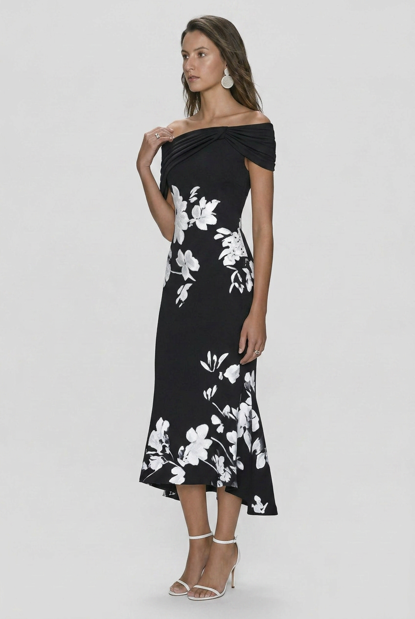 Off-Shoulder Midi Dress Green White Floral Women's – Wedding Guest, Cocktail, Occasion, Party