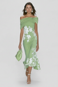 Off-Shoulder Midi Dress Green White Floral Women's – Wedding Guest, Cocktail, Occasion, Party