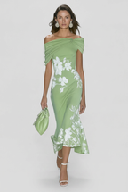 Off-Shoulder Midi Dress Green White Floral Women's – Wedding Guest, Cocktail, Occasion, Party