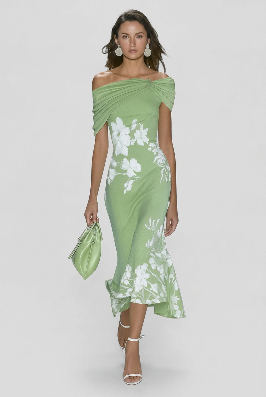 Off-Shoulder Midi Dress Green White Floral Women's – Wedding Guest, Cocktail, Occasion, Party