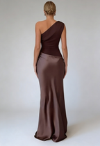 One Shoulder Maxi Dress Satin Brown Women's – Bridesmaid, Wedding, Formal, Evening, Gift