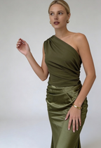 One Shoulder Maxi Dress Satin Brown Women's – Bridesmaid, Wedding, Formal, Evening, Gift