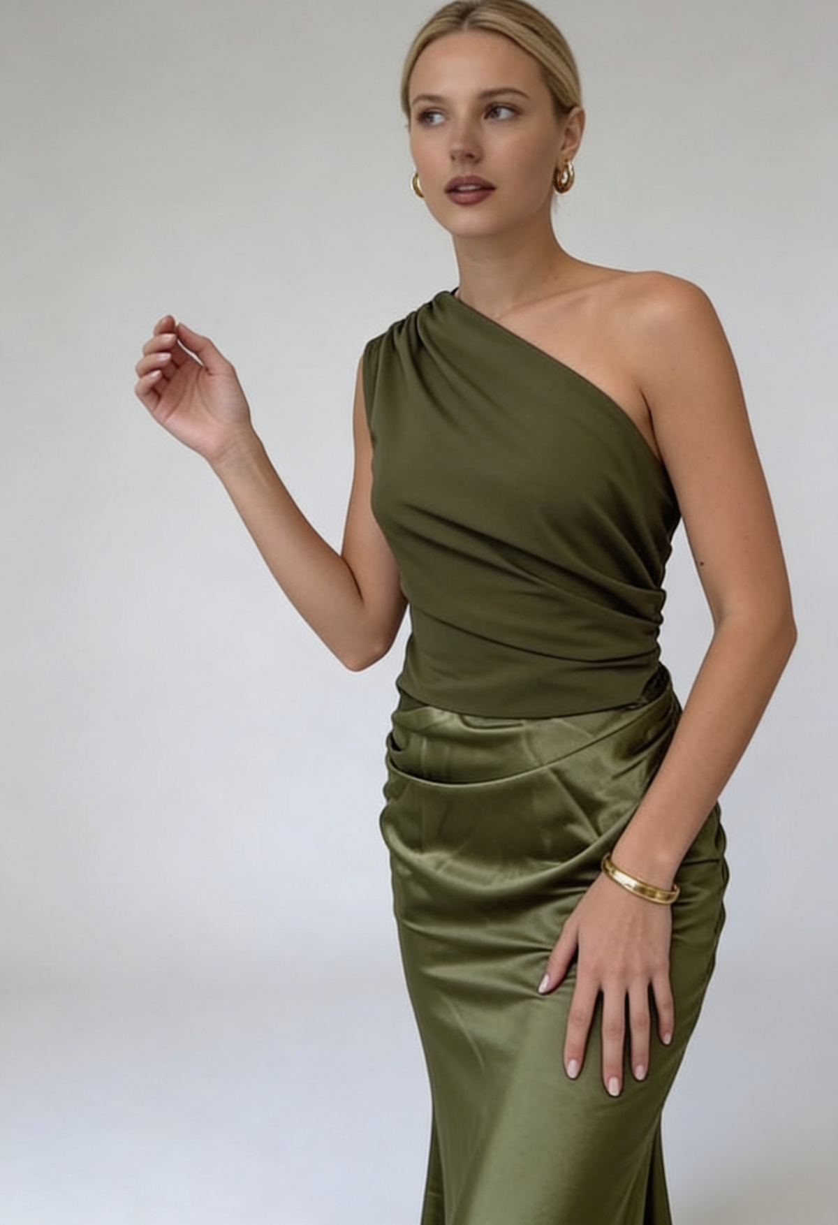 One Shoulder Maxi Dress Satin Brown Women's – Bridesmaid, Wedding, Formal, Evening, Gift