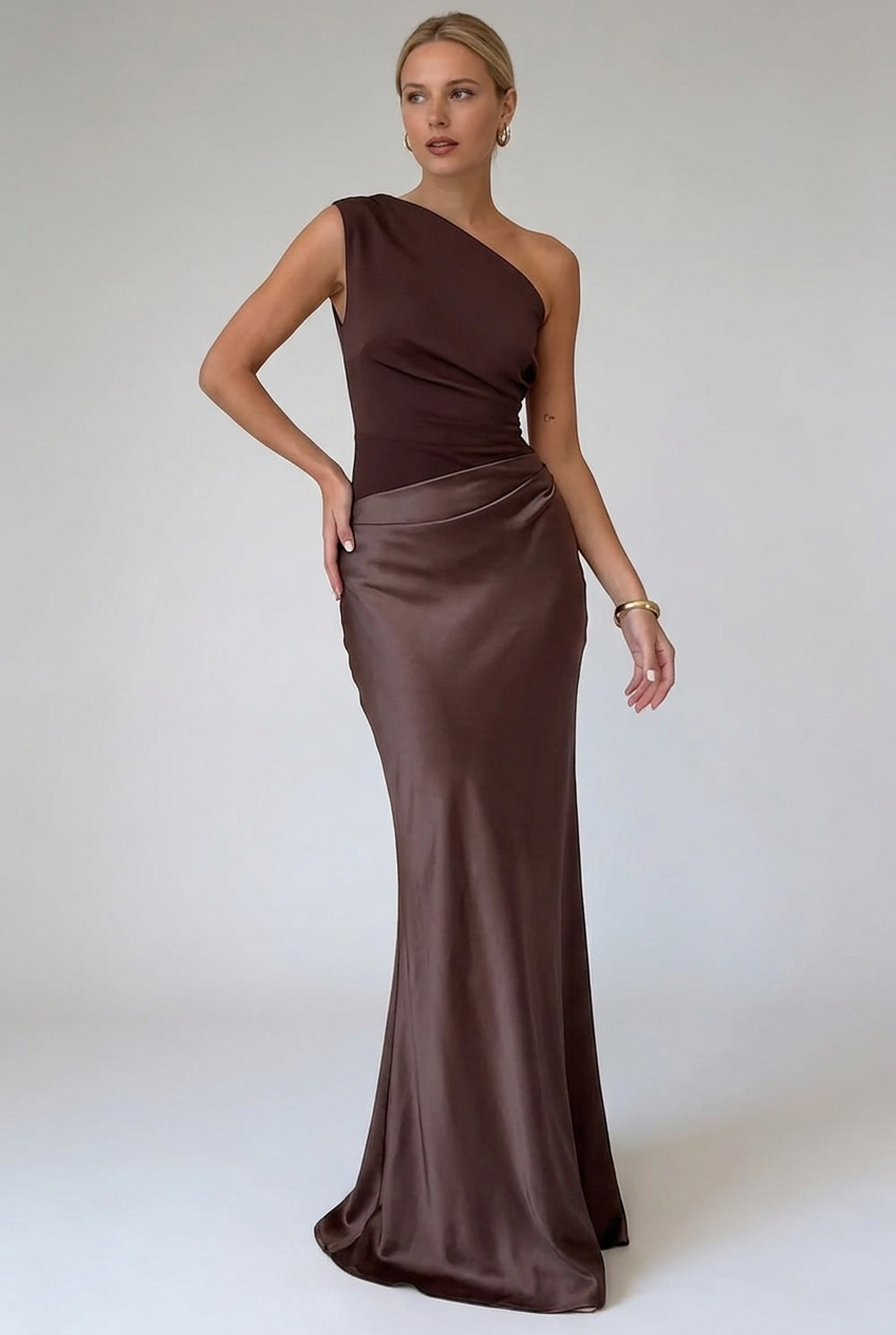 One Shoulder Maxi Dress Satin Brown Women's – Bridesmaid, Wedding, Formal, Evening, Gift