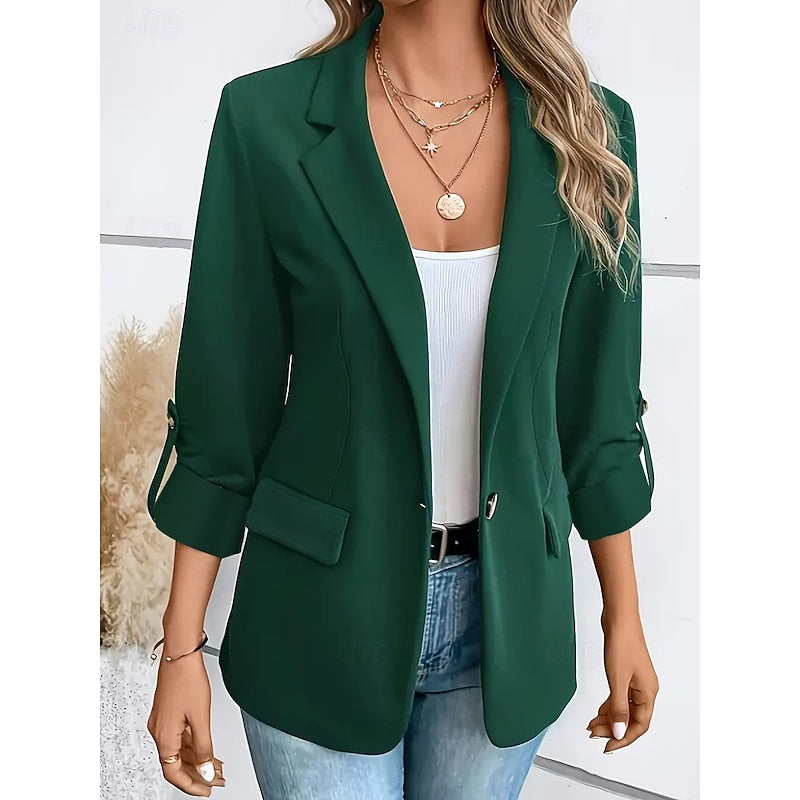 Open-Front Blazer Women's Lapel Roll-Up Sleeve Tailored Jacket Blue – Office, Casual, Work, Gift