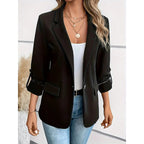 Open-Front Blazer Women's Lapel Roll-Up Sleeve Tailored Jacket Blue – Office, Casual, Work, Gift