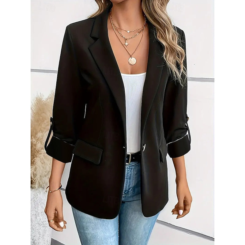 Open-Front Blazer Women's Lapel Roll-Up Sleeve Tailored Jacket Blue – Office, Casual, Work, Gift
