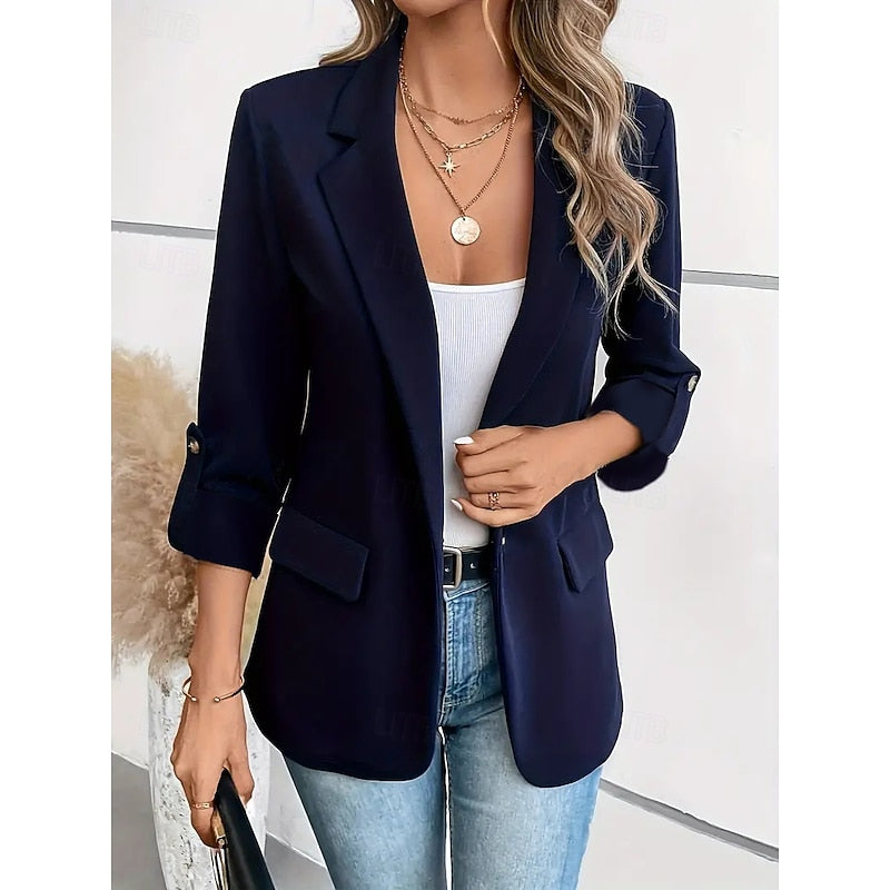 Open-Front Blazer Women's Lapel Roll-Up Sleeve Tailored Jacket Blue – Office, Casual, Work, Gift