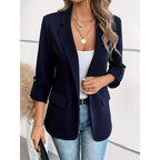 Open-Front Blazer Women's Lapel Roll-Up Sleeve Tailored Jacket Blue – Office, Casual, Work, Gift