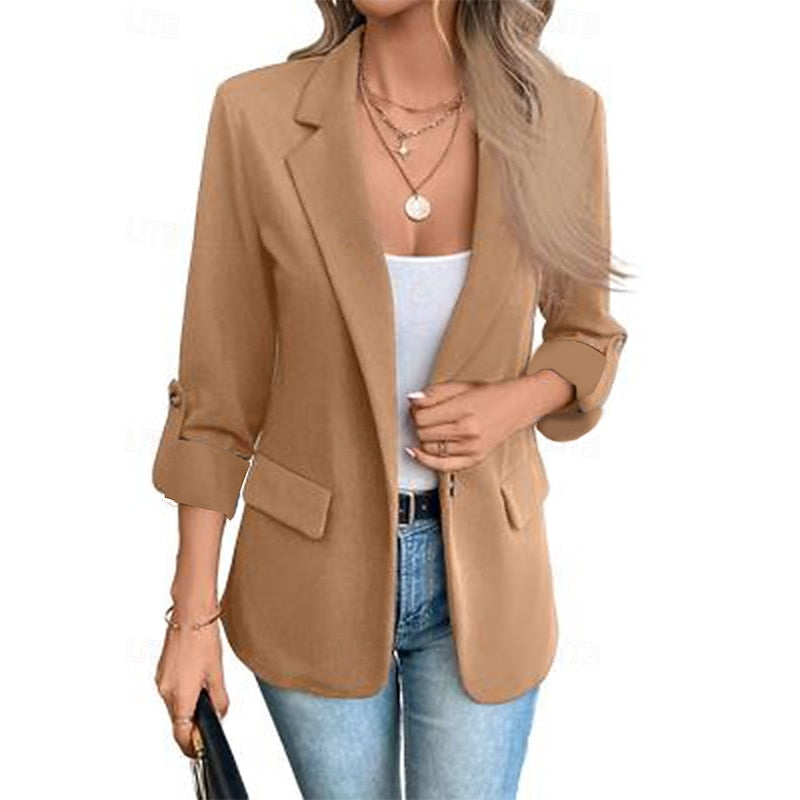 Open-Front Blazer Women's Lapel Roll-Up Sleeve Tailored Jacket Blue – Office, Casual, Work, Gift