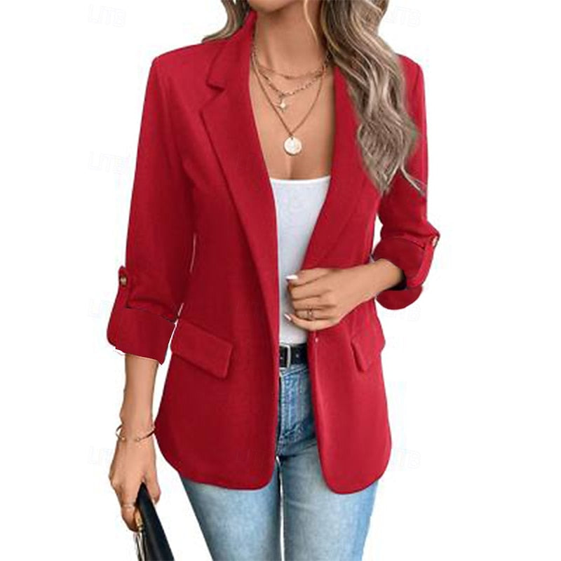Open-Front Blazer Women's Lapel Roll-Up Sleeve Tailored Jacket Blue – Office, Casual, Work, Gift