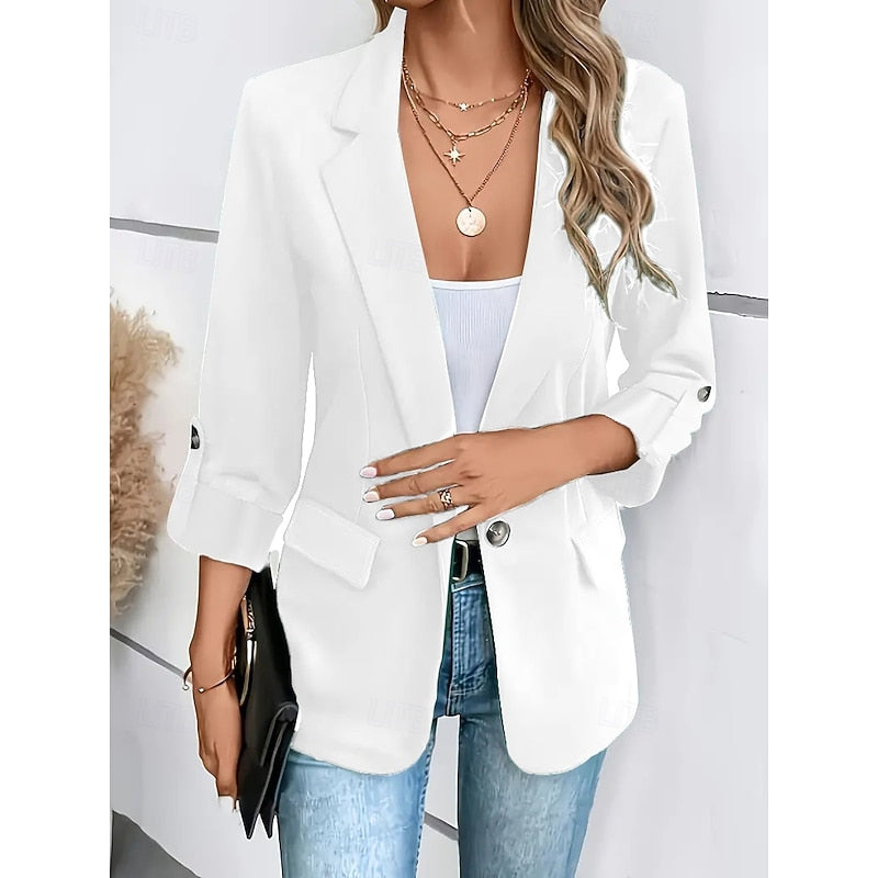Open-Front Blazer Women's Lapel Roll-Up Sleeve Tailored Jacket Blue – Office, Casual, Work, Gift