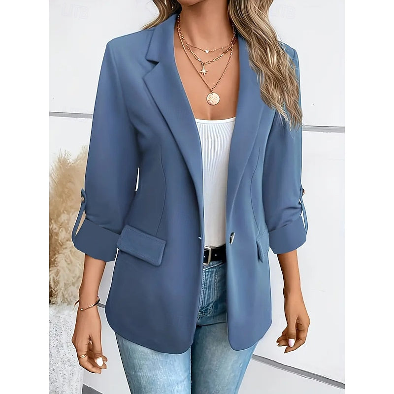 Open-Front Blazer Women's Lapel Roll-Up Sleeve Tailored Jacket Blue – Office, Casual, Work, Gift