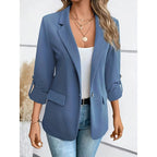 Open-Front Blazer Women's Lapel Roll-Up Sleeve Tailored Jacket Blue – Office, Casual, Work, Gift