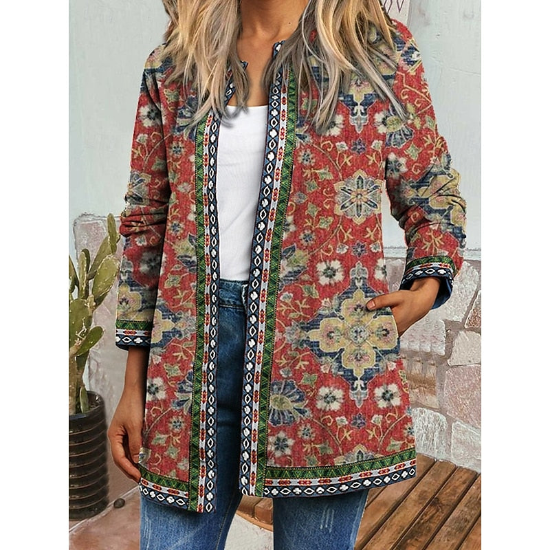 Open-Front Jacket Women's Ethnic Floral Print Long Sleeve Lightweight – Casual, Autumn Layering