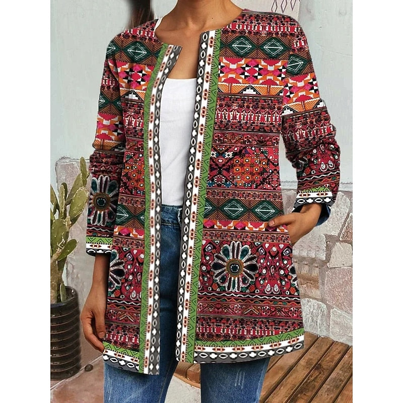 Open-Front Jacket Women's Ethnic Floral Print Long Sleeve Lightweight – Casual, Autumn Layering
