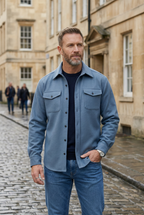 Overshirt Jacket Blue Men's Button Up with Chest Pockets – Casual, Layering Autumn Outerwear