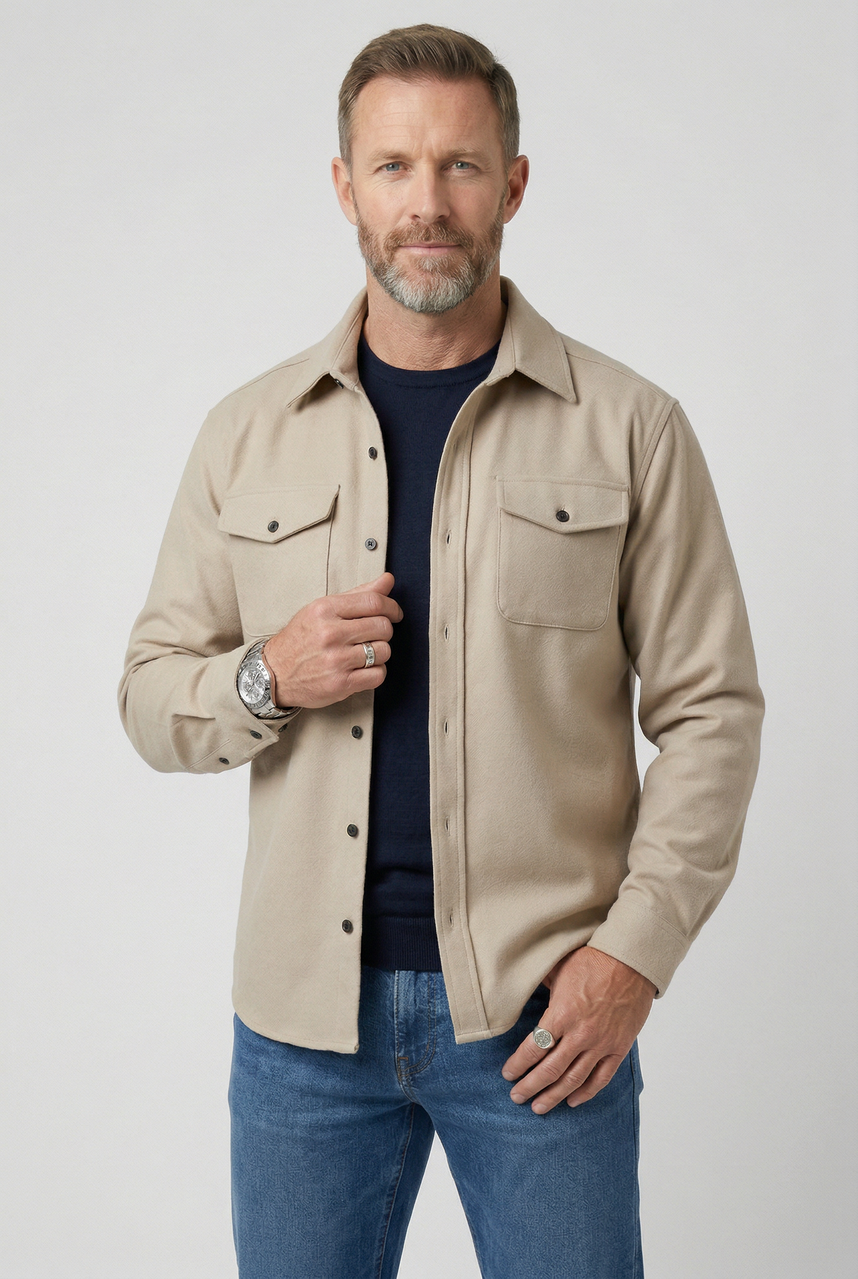 Overshirt Jacket Blue Men's Button Up with Chest Pockets – Casual, Layering Autumn Outerwear
