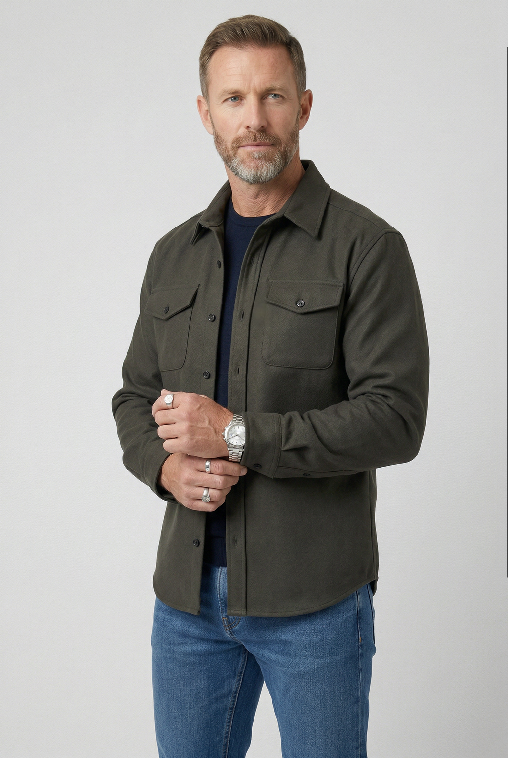 Overshirt Jacket Blue Men's Button Up with Chest Pockets – Casual, Layering Autumn Outerwear