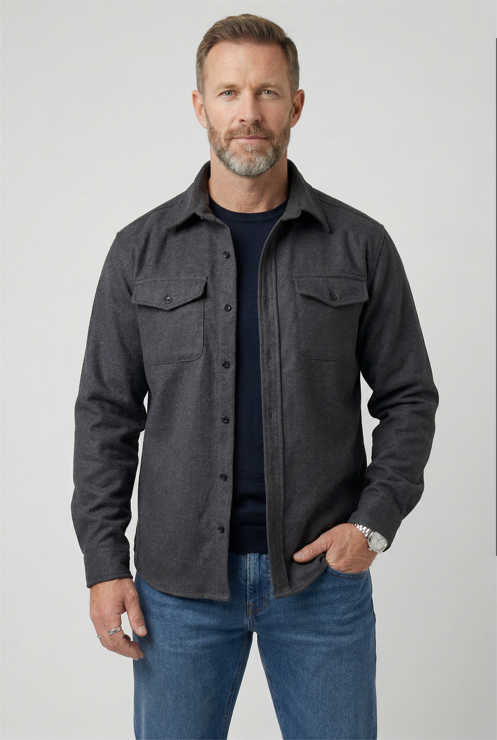 Overshirt Jacket Blue Men's Button Up with Chest Pockets – Casual, Layering Autumn Outerwear