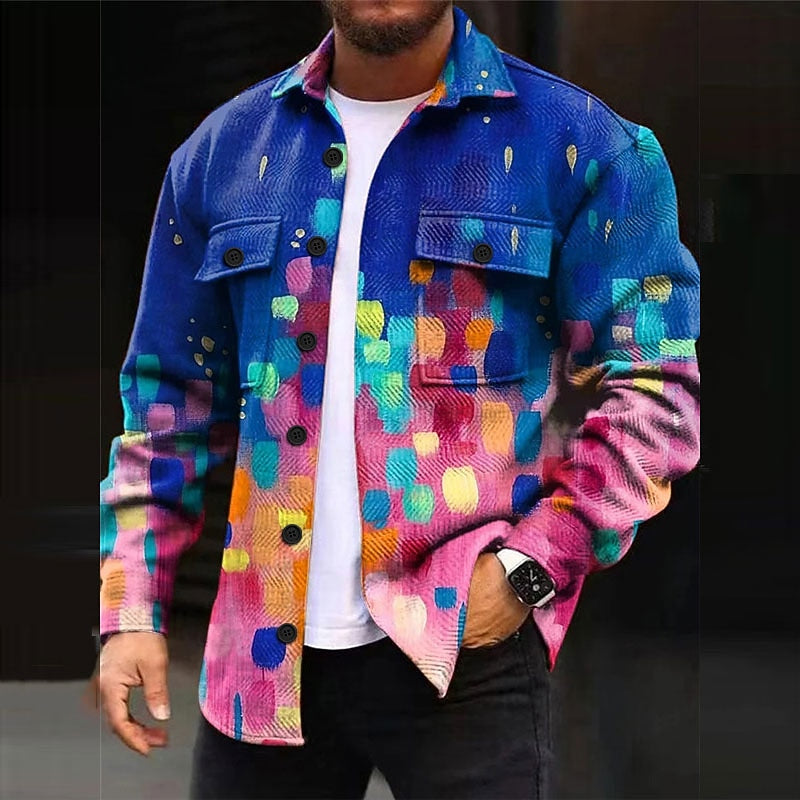 Overshirt Men's Abstract Print Long Sleeve Button-Up Shacket – Casual, Office, Holiday, Gift