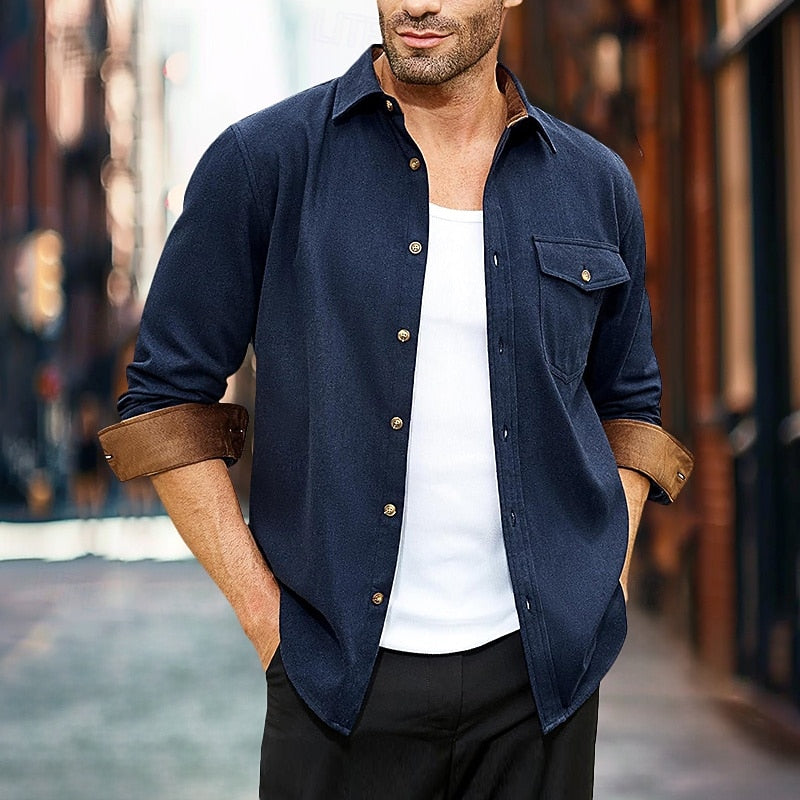 Overshirt Men's Navy Button-Front Shacket Long Sleeve – Casual, Office, Autumn Layering, Gift