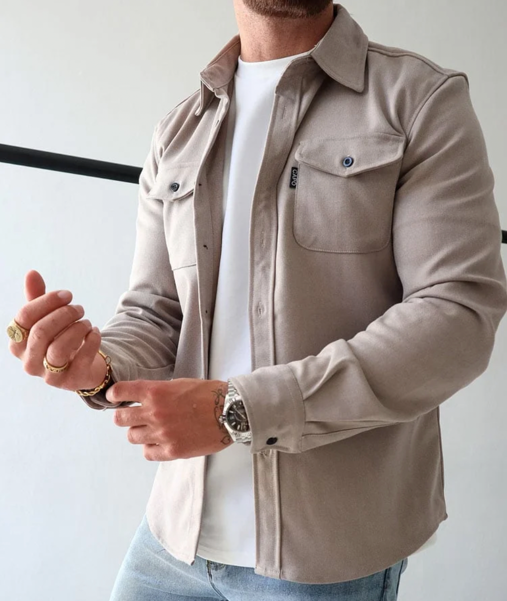 Overshirt Shacket Beige Cotton Men's Chest Pockets Button-Up – Casual, Office, Holiday