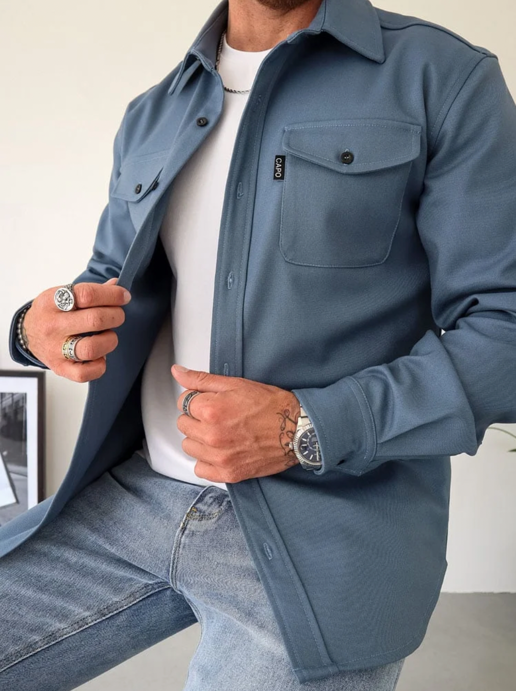 Overshirt Shacket Beige Cotton Men's Chest Pockets Button-Up – Casual, Office, Holiday