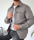 Overshirt Shacket Beige Cotton Men's Chest Pockets Button-Up – Casual, Office, Holiday