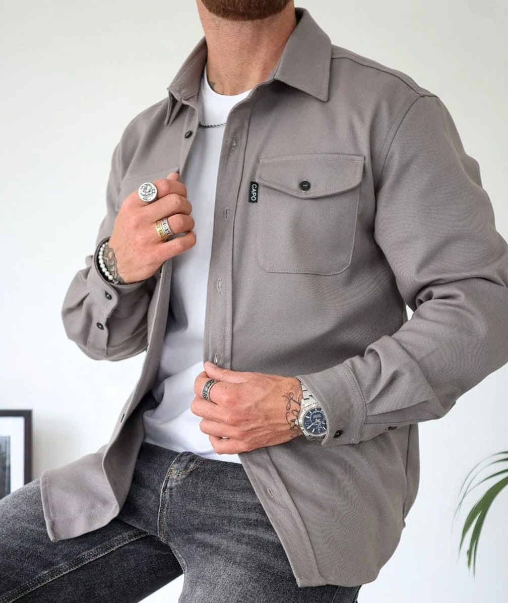 Overshirt Shacket Beige Cotton Men's Chest Pockets Button-Up – Casual, Office, Holiday