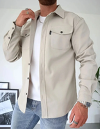 Overshirt Shacket Beige Cotton Men's Chest Pockets Button-Up – Casual, Office, Holiday