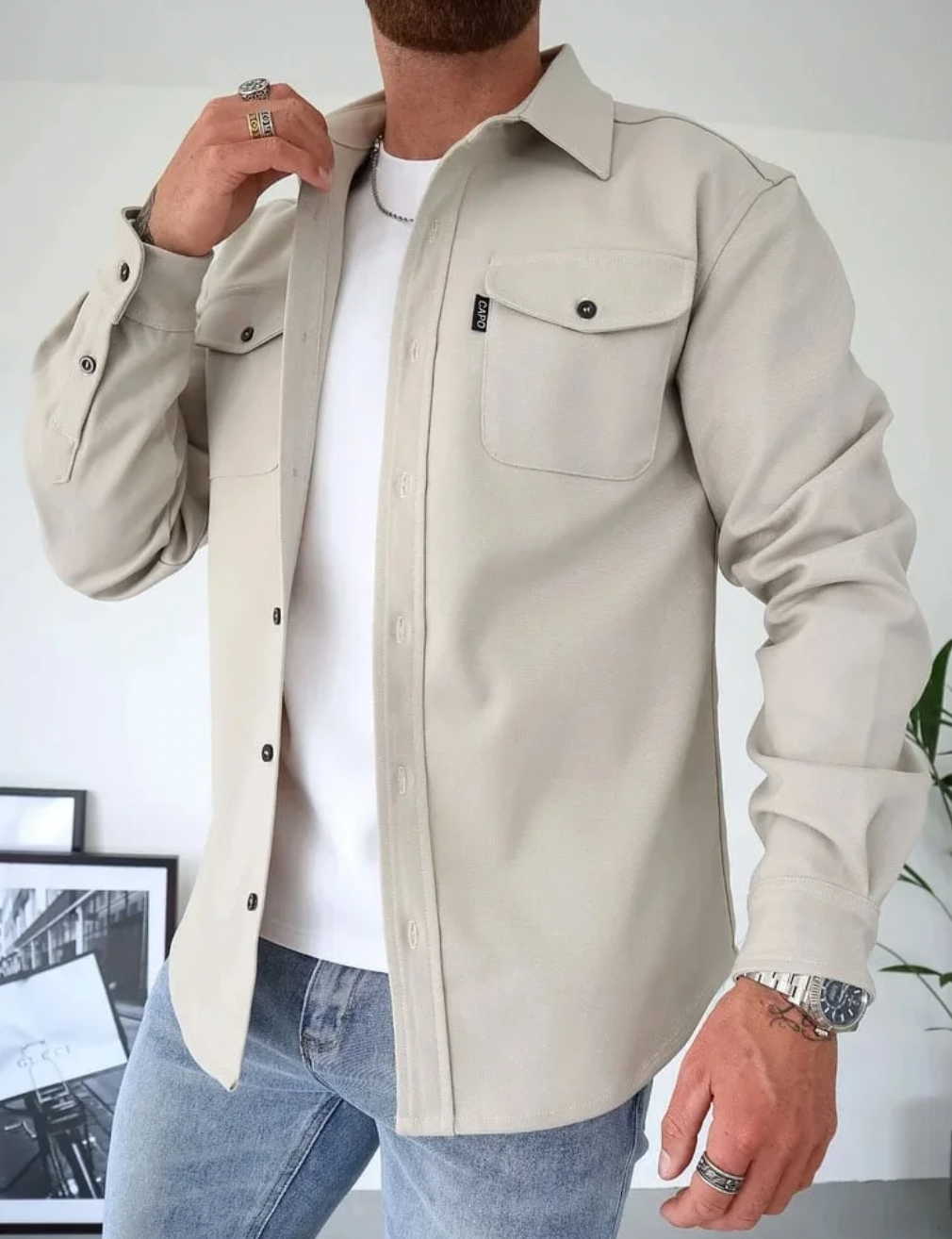 Overshirt Shacket Beige Cotton Men's Chest Pockets Button-Up – Casual, Office, Holiday
