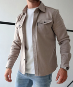 Overshirt Shacket Beige Cotton Men's Chest Pockets Button-Up – Casual, Office, Holiday