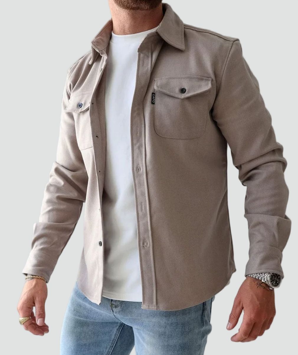 Overshirt Shacket Beige Cotton Men's Chest Pockets Button-Up – Casual, Office, Holiday