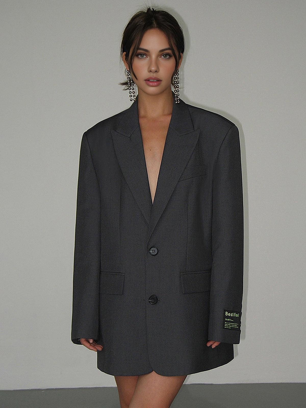 Oversized Blazer Jacket Women's Grey Notch Lapel Longline Coat – Office, Casual, Holiday, Gift