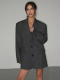 Oversized Blazer Jacket Women's Grey Notch Lapel Longline Coat – Office, Casual, Holiday, Gift
