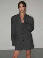 Oversized Blazer Jacket Women's Grey Notch Lapel Longline Coat – Office, Casual, Holiday, Gift