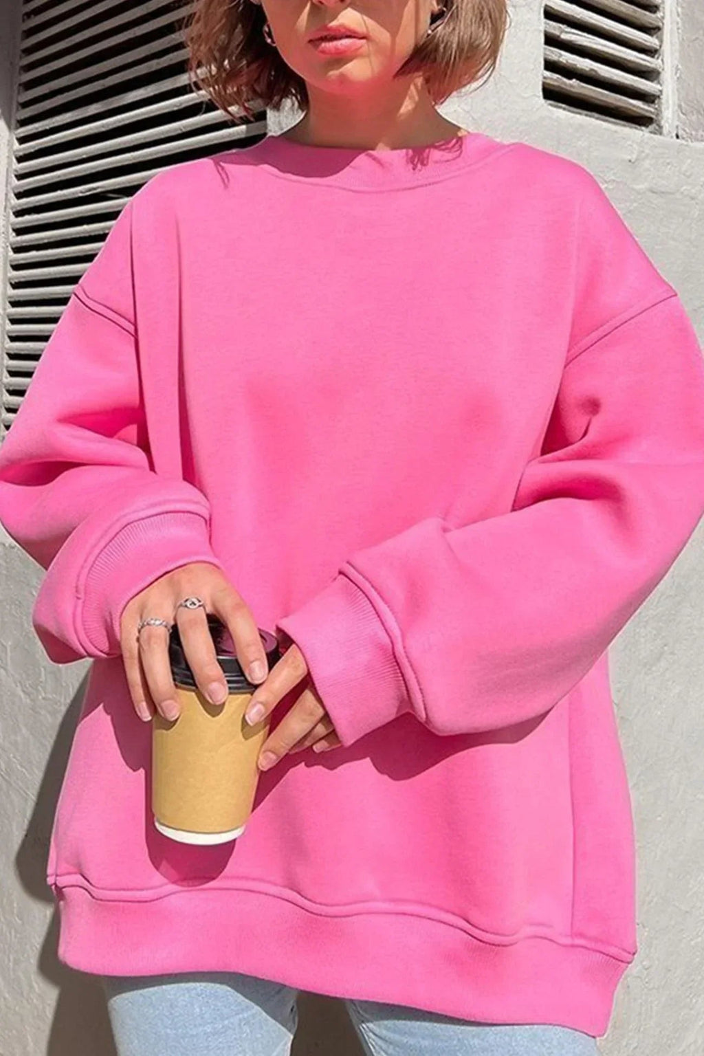 Oversized Sweatshirt Pink Crew Neck Women's Long Sleeve Jumper – Casual, Everyday Loungewear